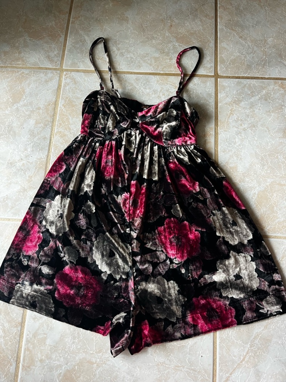Free People Black Velvet Floral Mini Dress with Pink and Cream Flowers